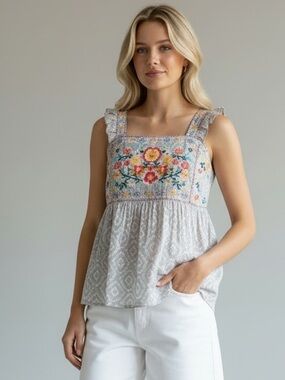 Savanna Jane Embroidered Floral Square Neck Ruffle Sleeve Top NWT S M L Grey NEW